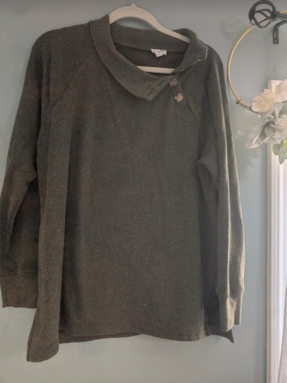 J. Crew Olive Green Button-Collar Cowl Sweater